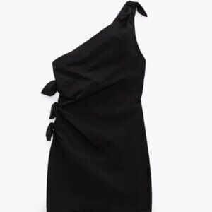 Zara One Shoulder Mini Dress L Black Party Cocktail Night 100% Polyester Chic